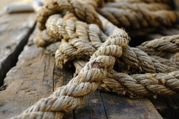 Fototapeta na wymiar Nautical Rope on Weathered Wooden Board Background with Copy Space