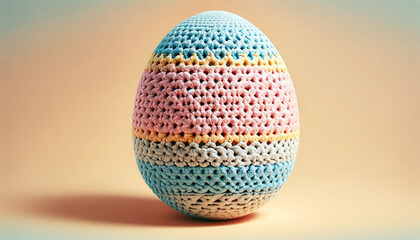 Happy Easter crochet composition. Easter eggs made in crochet and colored wool. Blue background with copy space - 747917164