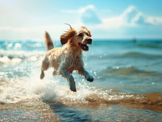 Playful Pooch at the Seaside: A Vibrant Vacation Concept
