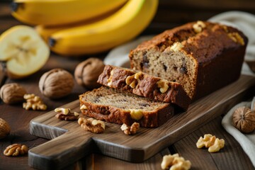 A tempting slice of banana bread on a wooden cutting board