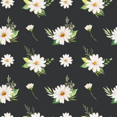 Watercolor seamless pattern with bouquets of daisies and leaves. Botanical print with floral arrangements, chamomile flowers, greenery, twigs and leaves. Wallpaper, background, textile design.