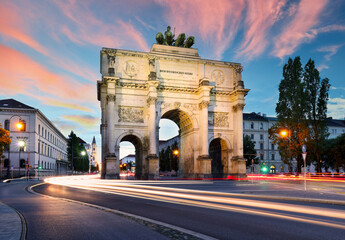 Siegestor (Victory Gate) triumphal arch in downtown Munich, Germany - 747917379