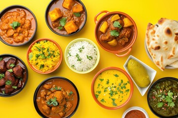Variety of cultural dishes served on a yellow table
