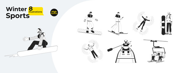 Ski resort in snowy mountains black and white cartoon flat illustration bundle. Ski lift, snowboarder skier outerwear 2D lineart characters isolated. Winter monochrome vector outline image collection