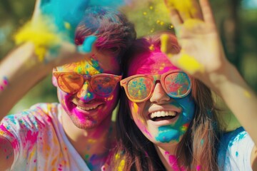 A Happy Couple Playing in the Colorful Paint - Throwing Colored Powder at Each Other. Fictional Character Created By Generated By Generated AI.