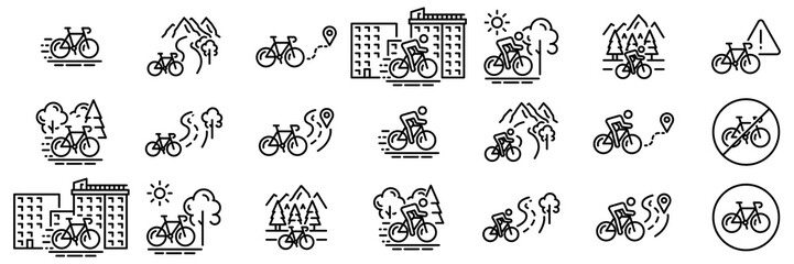 Bicycle Web Icons. Travel, Nature, City, Tower, Bike. Vector in Line Style Icons