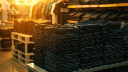 Obraz premium Neatly stacked black T-shirts on display in a retail clothing store with warm lighting.