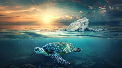 Fotobehang A sea turtle swims near the water's surface next to a floating plastic bag, evoking environmental concerns. © tashechka