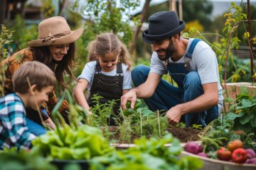 Community of people joyfully picking fresh herbs and veggies from a lush garden, embracing the farm-to-table spirit