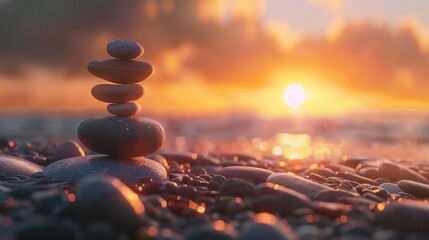 Zen-like balanced pebbles on a pebble beach, with a warm sunset creating a peaceful background.