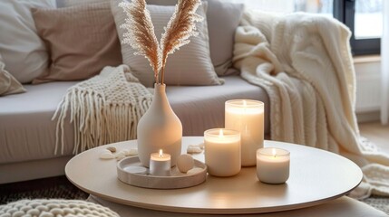 A warm and inviting home setting with lit candles on a table and a soft knit throw on a comfortable sofa.
