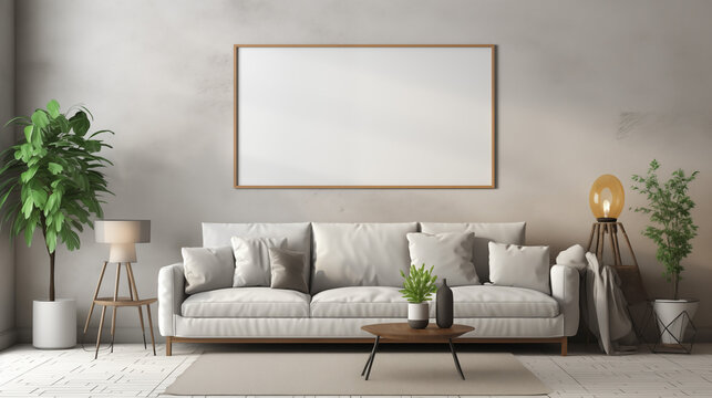 Ramka mockup pozioma, 3d render. Nowoczesny wystr&oacute;j wnętrza. Szablon z tłem ściany we wnętrzu domu w salonie