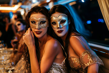 Yacht Masquerade.  Generated Image.  A digital rendering of a masquerade party on a yacht for the young and wealthy.