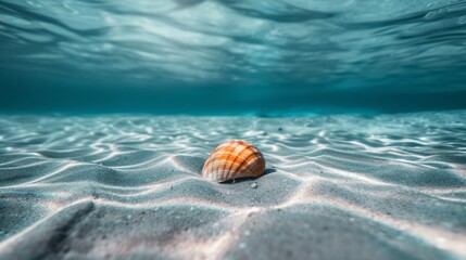 Fototapeta na wymiar A single seashell lies on the sandy bottom of clear shallow waters, bathed in beams of sunlight.
