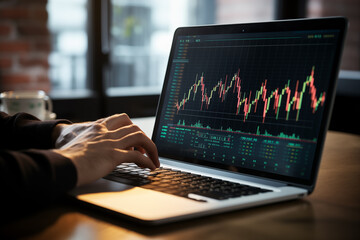 Businessman trader investor analyst using laptop analytics for financial market analysis. - obrazy, fototapety, plakaty