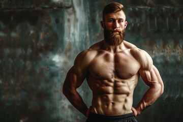 Fototapeta na wymiar strong athletic man with beard and abs