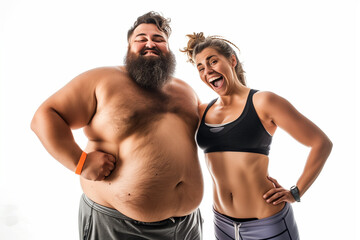 Fototapeta na wymiar Overweight plus-size man and fit woman having fun together for diet. Studio Background for best Image for Marketing, Sale, Promotion or Advertising Campaign.