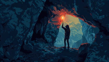 A digital illustration of a female adventurer exploring a mysterious cave holding a torch aloft as  Generative AI