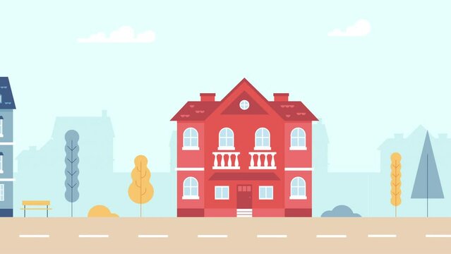 Seamless street city with parallax effect. Cartoon seamless urban city landscape with fancy buildings. Urban seamless scenery. Looped animation.