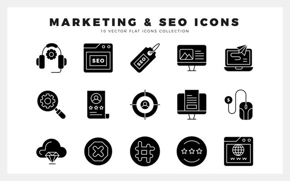 15 Marketing and Seo Glyph icon pack. vector illustration.