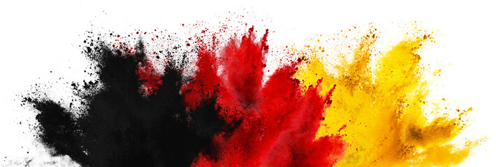 colorful german flag black red gold yellow color holi paint powder explosion isolated white background. germany europe celebration soccer travel tourism concept. - obrazy, fototapety, plakaty