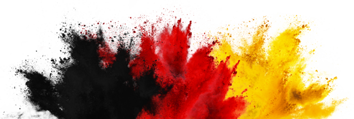 colorful german flag black red gold yellow color holi paint powder explosion isolated white background. germany europe celebration soccer travel tourism concept.