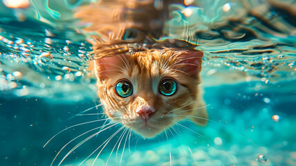 Cute kitten swimming and looking underwater