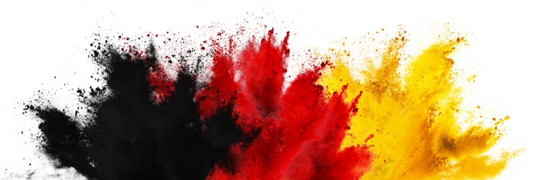colorful german flag black red gold yellow color holi paint powder explosion isolated white background. germany europe celebration soccer travel tourism concept.
