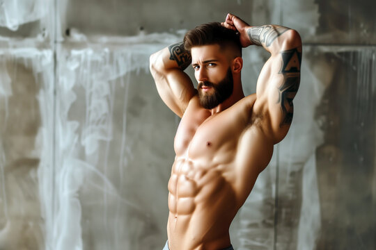 Muscular bodybuilder outstretching arms and presenting his athletic chest and abs