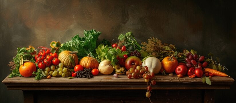 A painting featuring a variety of fresh fruits and vegetables, including apples, pumpkins, tomatoes, and carrots, artfully displayed on a rustic wooden board. The colorful assortment showcases the