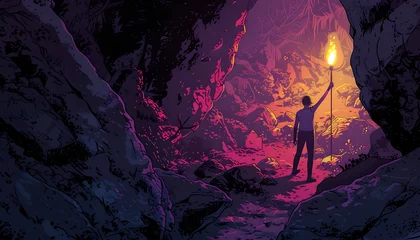 Tuinposter A digital illustration of a female adventurer exploring a mysterious cave holding a torch aloft as  Generative AI © Zoheb