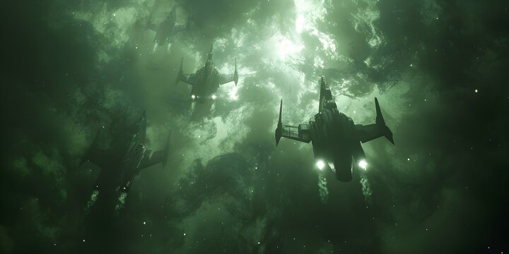 Green misty nebula forms eerie backdrop for starfighter duel. Concept Sci-fi, Nebula, Starfighter, Duel, Eerie Background