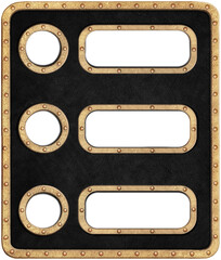 Blank steampunk-style plaques in a brass frame with rivets on a