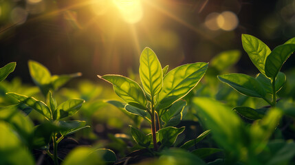 A close up tea leaf with soft sun light.