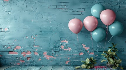 blank greeting card , with balloon birthday interior wall background. 