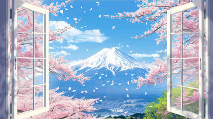 Beautiful scenery of mount fuji viewed by open windows. iconic mount fuji scenery with sakura and clear sky.