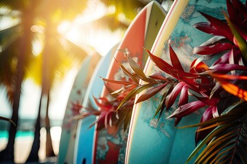 surfboard on tropical beach in summer - obrazy, fototapety, plakaty