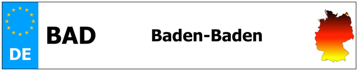 Baden-Baden car licence plate sticker name and map of Germany. Vehicle registration plates frames German number