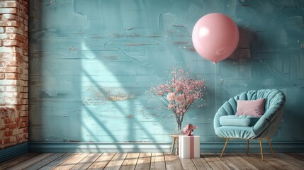 blank greeting card , with balloon birthday interior wall background. 