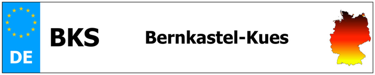 Bernkastel-Kues car licence plate sticker name and map of Germany. Vehicle registration plates frames German number