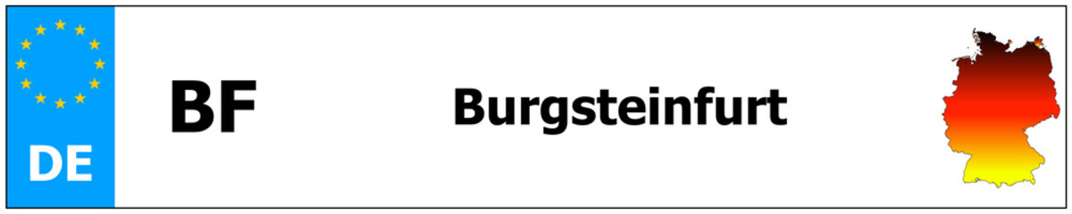 Burgsteinfurt car licence plate sticker name and map of Germany. Vehicle registration plates frames German number