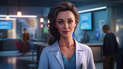 A confident female doctor, adorned in a white coat and equipped with a stethoscope, stands assertively against a blurred hospital backdrop in healthy concept with copyspace