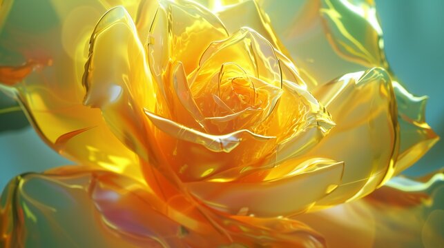 Illuminate a single rose with the lustrous glow of lemon-hued petals in extreme macro, creating a bright and cheerful scene.