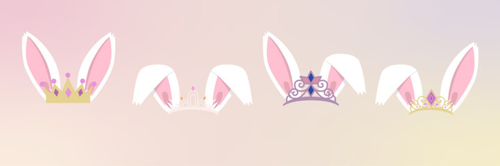 Bunny face elements set cartoon flat design ears vector illustration isolated. Rabbit mask filter with golden crown. Vector illustration
