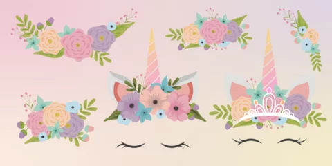 Foto op Plexiglas Unicorn face elements set cartoon flat design ears and horn vector illustration isolated. Unicorn mask filter with flower and golden crown. Vector illustration © Svitlana Tolmach 