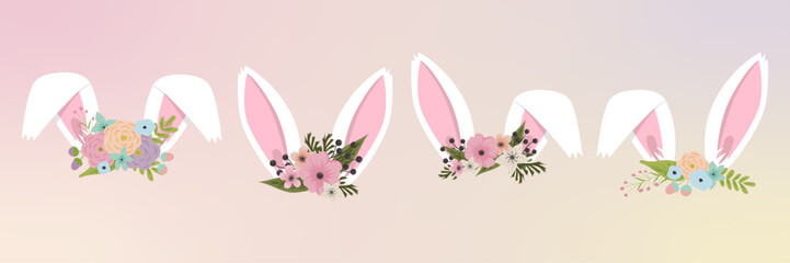 Bunny face elements set cartoon flat design ears vector illustration isolated. Rabbit mask filter with flower crown. Vector illustration