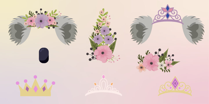 Koala face elements set cartoon flat design ears and noses vector illustration isolated on white background. Koala mask filter with flower crown. Vector illustration
