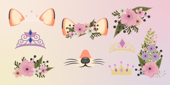 Fox face elements set cartoon flat design ears and noses vector illustration isolated. Fox mask filter with flower crown. Vector illustration