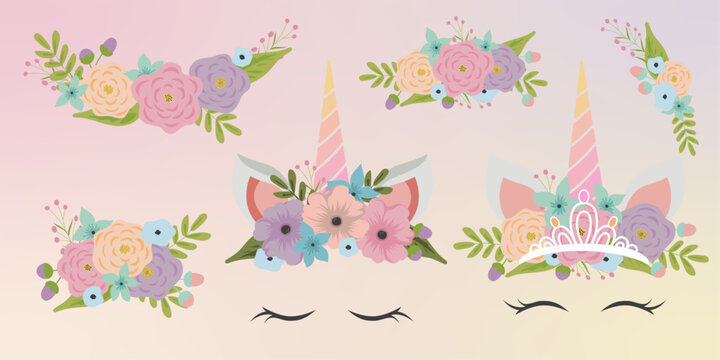 Unicorn face elements set cartoon flat design ears and horn vector illustration isolated. Unicorn mask filter with flower and golden crown. Vector illustration