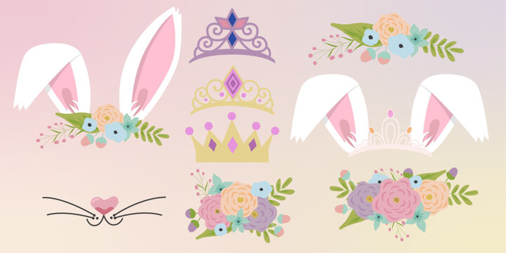 Rabbit face elements set cartoon flat design ears and noses vector illustration isolated on white background. Bunny ears mask filter with flower crown. Vector illustration